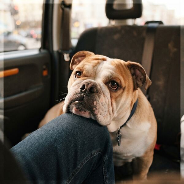 Mabel, a fawn bulldog resting her chin on a passenger's knee