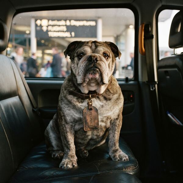 Sir Reginald, an old wrinkly bulldog with a luggage tag, sitting upright in the back of a cab at the airport