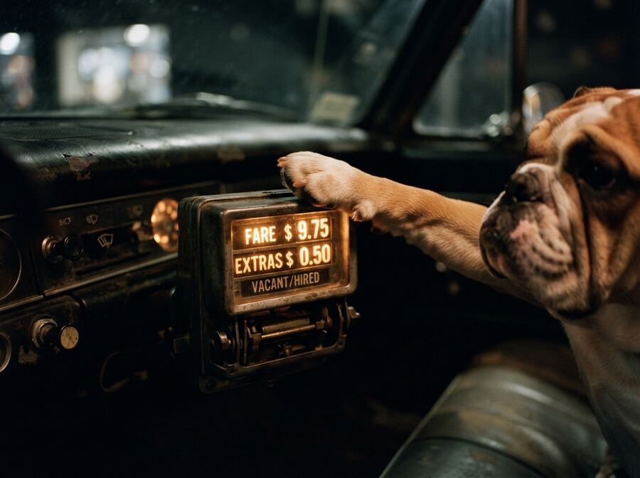 A bulldog resting its paw on a glowing taxi meter